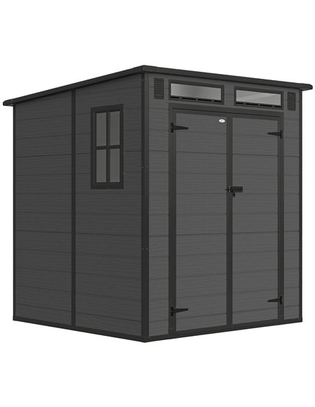 Outsunny 6 x 6 ft Plastic Garden Shed, Wood-Effect Outdoor Storage Shed with Floor, Windows, Lockable Doors and Vents, Dark Grey - pic 180752 | FastDaddyshop