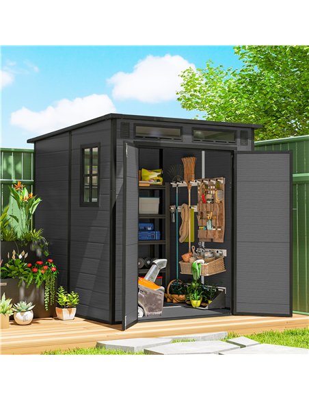 Outsunny 6 x 6 ft Plastic Garden Shed, Wood-Effect Outdoor Storage Shed with Floor, Windows, Lockable Doors and Vents, Dark Grey - pic 180753 | FastDaddyshop
