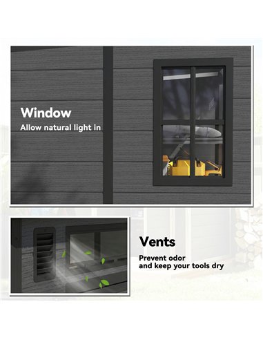 Outsunny 6 x 6 ft Plastic Garden Shed, Wood-Effect Outdoor Storage Shed with Floor, Windows, Lockable Doors and Vents, Dark Grey