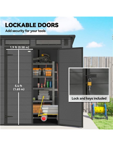Outsunny 6 x 6 ft Plastic Garden Shed, Wood-Effect Outdoor Storage Shed with Floor, Windows, Lockable Doors and Vents, Dark Grey - pic 180757 | FastDaddyshop