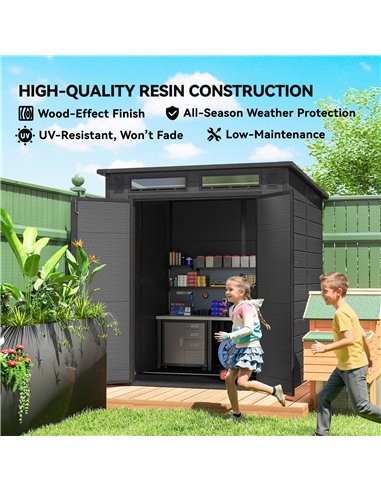 Outsunny 6 x 6 ft Plastic Garden Shed, Wood-Effect Outdoor Storage Shed with Floor, Windows, Lockable Doors and Vents, Dark Grey