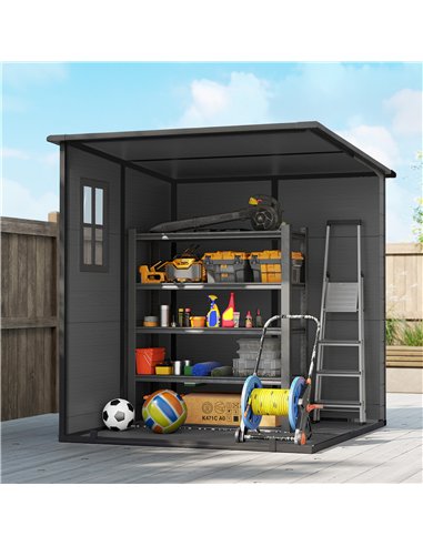 Outsunny 6 x 6 ft Plastic Garden Shed, Wood-Effect Outdoor Storage Shed with Floor, Windows, Lockable Doors and Vents, Dark Grey