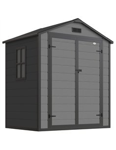 Outsunny 6'x4.5' Garden Storage Shed, Lockable Garden Shed with Double Doors, Window, Vent and Plastic Roof, Dark Grey