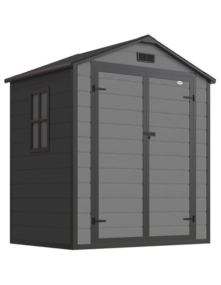 Outsunny 6'x4.5' Garden Storage Shed, Lockable Garden Shed with Double Doors, Window, Vent and Plastic Roof, Dark Grey - pic 180770 | FastDaddyshop