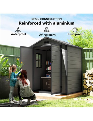 Outsunny 6'x4.5' Garden Storage Shed, Lockable Garden Shed with Double Doors, Window, Vent and Plastic Roof, Dark Grey