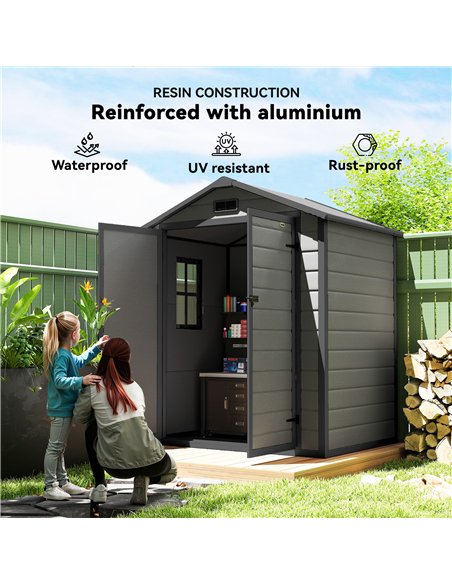 Outsunny 6'x4.5' Garden Storage Shed, Lockable Garden Shed with Double Doors, Window, Vent and Plastic Roof, Dark Grey - pic 180773 | FastDaddyshop