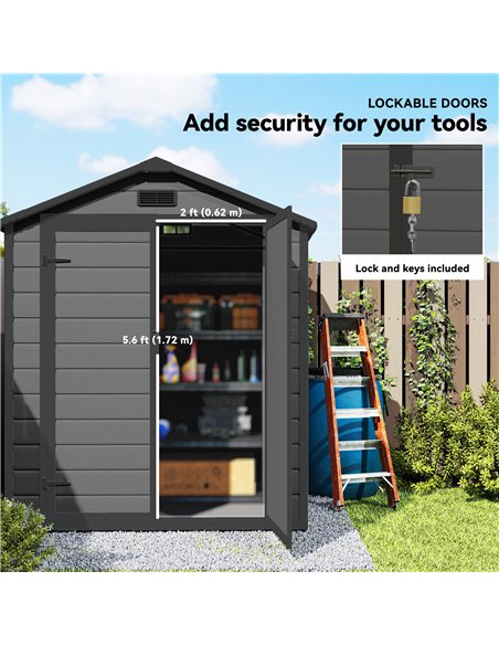 Outsunny 6'x4.5' Garden Storage Shed, Lockable Garden Shed with Double Doors, Window, Vent and Plastic Roof, Dark Grey - pic 180776 | FastDaddyshop