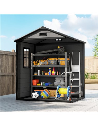 Outsunny 6'x4.5' Garden Storage Shed, Lockable Garden Shed with Double Doors, Window, Vent and Plastic Roof, Dark Grey