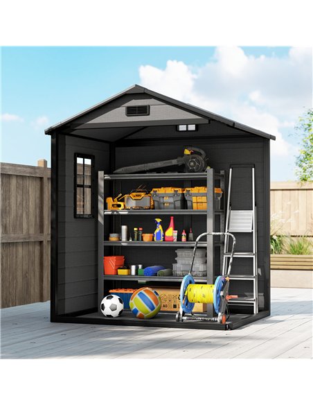 Outsunny 6'x4.5' Garden Storage Shed, Lockable Garden Shed with Double Doors, Window, Vent and Plastic Roof, Dark Grey - pic 180778 | FastDaddyshop