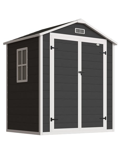 Outsunny 6'x4.5' Garden Storage Shed, Lockable Garden Shed with Double Doors, Window, Vent and Plastic Roof, Black - pic 180779 | FastDaddyshop