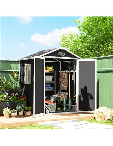 Outsunny 6'x4.5' Garden Storage Shed, Lockable Garden Shed with Double Doors, Window, Vent and Plastic Roof, Black