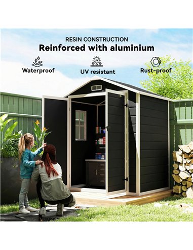 Outsunny 6'x4.5' Garden Storage Shed, Lockable Garden Shed with Double Doors, Window, Vent and Plastic Roof, Black