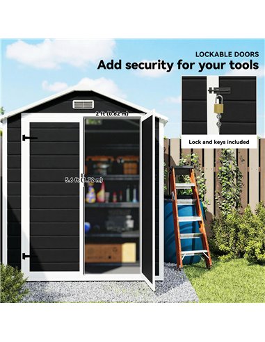 Outsunny 6'x4.5' Garden Storage Shed, Lockable Garden Shed with Double Doors, Window, Vent and Plastic Roof, Black