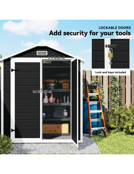 Outsunny 6'x4.5' Garden Storage Shed, Lockable Garden Shed with Double Doors, Window, Vent and Plastic Roof, Black - pic 180785 | FastDaddyshop
