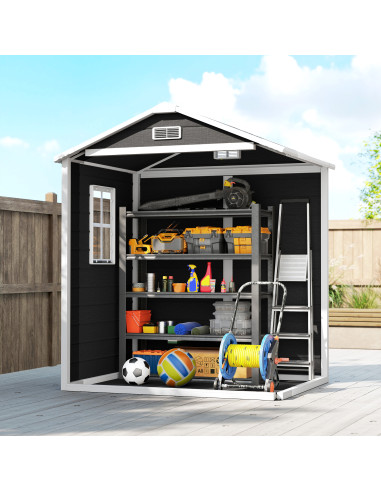 Outsunny 6'x4.5' Garden Storage Shed, Lockable Garden Shed with Double Doors, Window, Vent and Plastic Roof, Black
