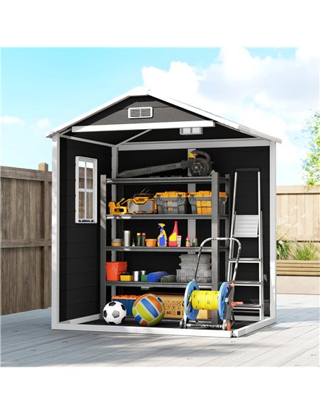 Outsunny 6'x4.5' Garden Storage Shed, Lockable Garden Shed with Double Doors, Window, Vent and Plastic Roof, Black - pic 180787 | FastDaddyshop