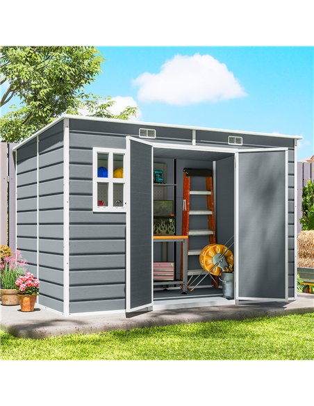 Outsunny 10 x 6 ft Resin Garden Shed, Outdoor Storage Shed with Floor, Windows, Lockable Doors and Vents, Grey - pic 180789 | FastDaddyshop