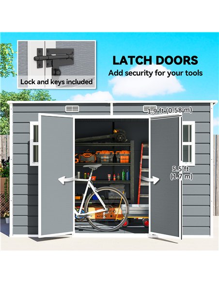 Outsunny 10 x 6 ft Resin Garden Shed, Outdoor Storage Shed with Floor, Windows, Lockable Doors and Vents, Grey - pic 180793 | FastDaddyshop