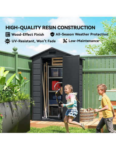 Outsunny 4 x 3 ft Plastic Garden Shed with Floor, Outdoor Storage Shed with Lockable Door, Window and Vent, Dark Grey
