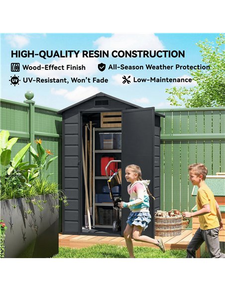 Outsunny 4 x 3 ft Plastic Garden Shed with Floor, Outdoor Storage Shed with Lockable Door, Window and Vent, Dark Grey - pic 180813 | FastDaddyshop