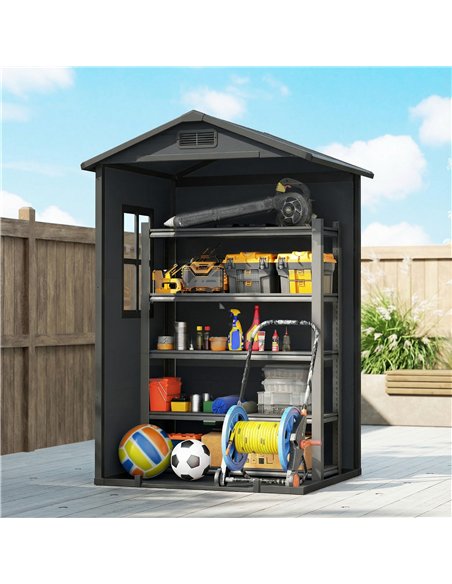 Outsunny 4 x 3 ft Plastic Garden Shed with Floor, Outdoor Storage Shed with Lockable Door, Window and Vent, Dark Grey - pic 180814 | FastDaddyshop