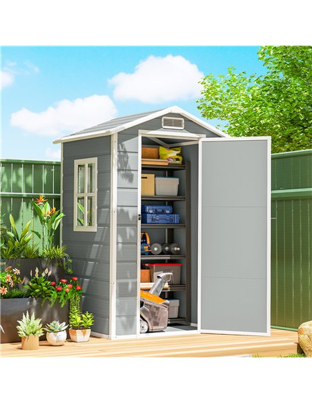 Outsunny 4 x 3 ft Plastic Garden Shed with Floor, Outdoor Storage Shed with Lockable Door, Window and Vent, Light Grey - pic 180816 | FastDaddyshop