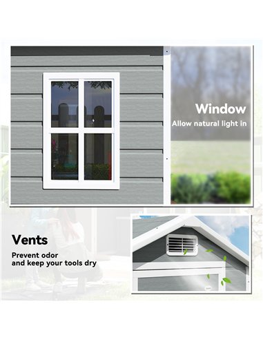 Outsunny 4 x 3 ft Plastic Garden Shed with Floor, Outdoor Storage Shed with Lockable Door, Window and Vent, Light Grey