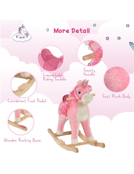 HOMCOM 3+ Kids Unicorn Plush Rocking Ride On with Sound, Pink - pic 18083 | FastDaddyshop
