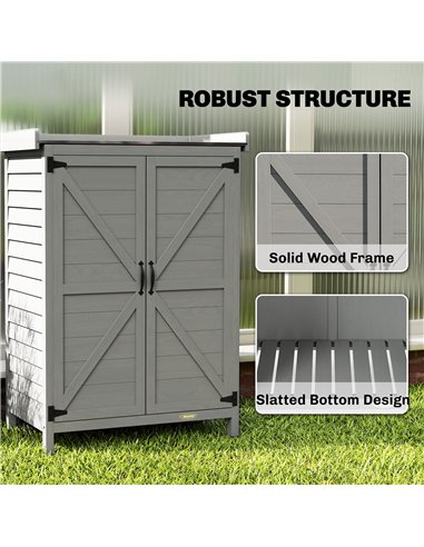 Outsunny Wooden Garden Shed, Garden Tool Storage Shed with Shelf and Side Hooks, 71.5 x 39 x 95 cm, Grey