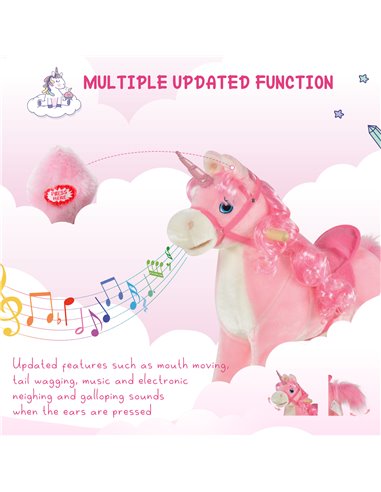 HOMCOM 3+ Kids Unicorn Plush Rocking Ride On with Sound, Pink