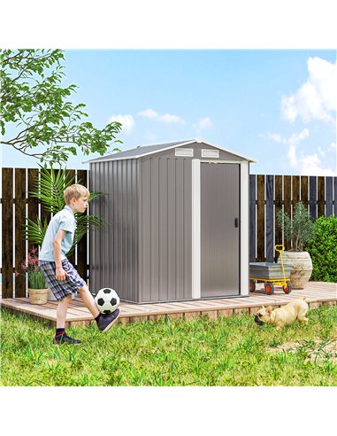 Outsunny Garden Metal Tool Storage Shed with Sliding Door, Sloped Roof and Foundation Kit, 152 x 132 x 188cm, Grey