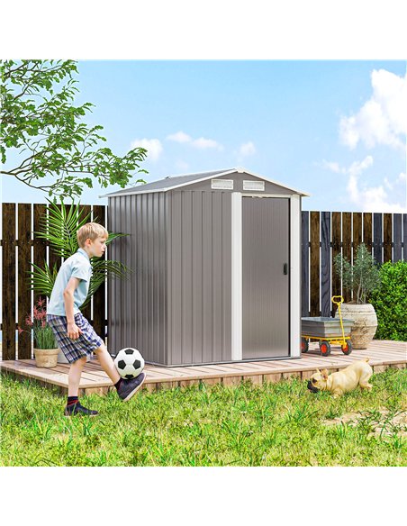 Outsunny Garden Metal Tool Storage Shed with Sliding Door, Sloped Roof and Foundation Kit, 152 x 132 x 188cm, Grey - pic 180849 | FastDaddyshop