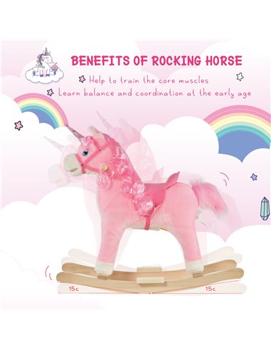 HOMCOM 3+ Kids Unicorn Plush Rocking Ride On with Sound, Pink