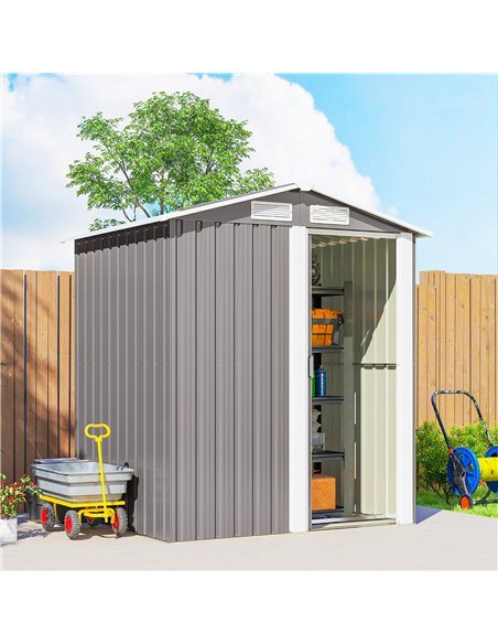 Outsunny Garden Metal Tool Storage Shed with Sliding Door, Sloped Roof and Foundation Kit, 152 x 132 x 188cm, Grey - pic 180850 | FastDaddyshop