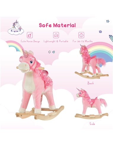 HOMCOM 3+ Kids Unicorn Plush Rocking Ride On with Sound, Pink