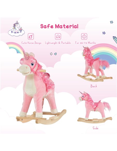 HOMCOM 3+ Kids Unicorn Plush Rocking Ride On with Sound, Pink - pic 18086 | FastDaddyshop