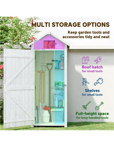 Outsunny Small Shed, Tall Slim Wooden Garden Shed with 3 Removable Shelves and Roof Hatch, Compact Outdoor Tool Storage Cabinet 