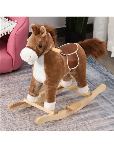 HOMCOM 3+ Kids Ride On Plush Rocking Horse with Sound, Brown