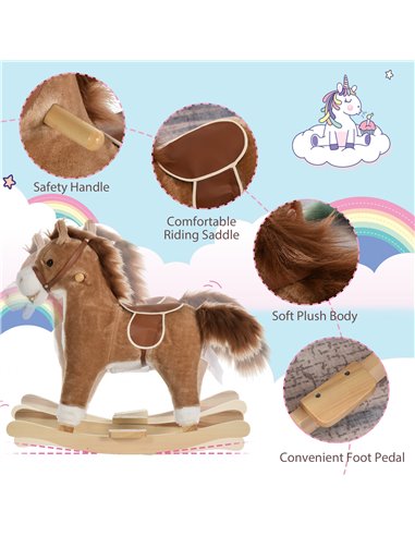 HOMCOM 3+ Kids Ride On Plush Rocking Horse with Sound, Brown