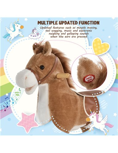 HOMCOM 3+ Kids Ride On Plush Rocking Horse with Sound, Brown