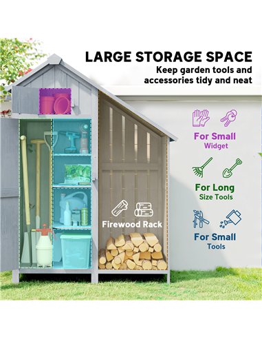 Outsunny Garden Outdoor Storage Shed 3 Shelves Tilt Roof w/ Firewood Rack Log Carrier, 129L x 51.5W x 180H cm
