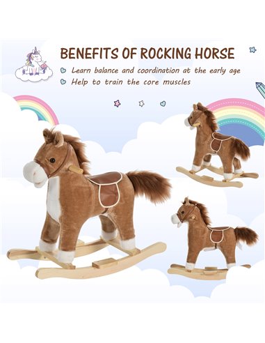 HOMCOM 3+ Kids Ride On Plush Rocking Horse with Sound, Brown