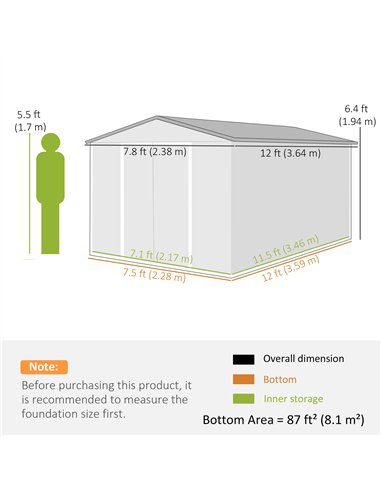Outsunny 12 x 8 ft Garden Shed, Outdoor Storage Shed with 4 Vents and Lockable Double Doors, Dark Grey