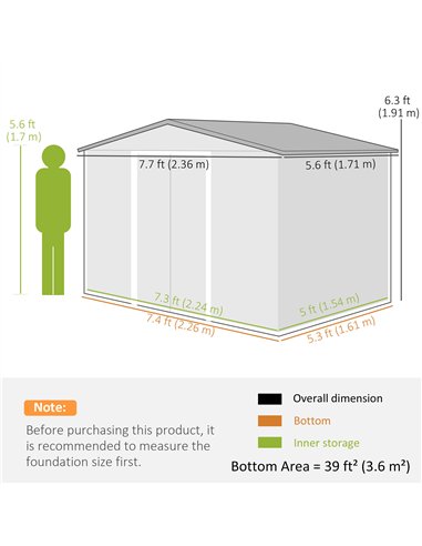 Outsunny 8 x 6ft Galvanised Steel Shed, with Double Door - Dark Grey