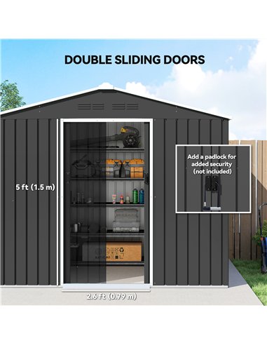 Outsunny 8 x 6ft Galvanised Steel Shed, with Double Door - Dark Grey
