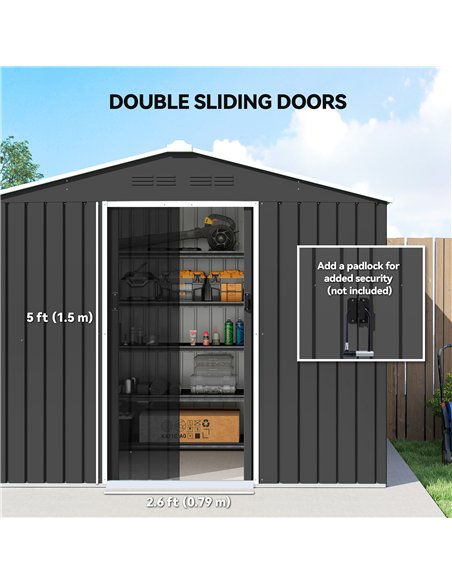 Outsunny 8 x 6ft Galvanised Steel Shed, with Double Door - Dark Grey - pic 180999 | FastDaddyshop