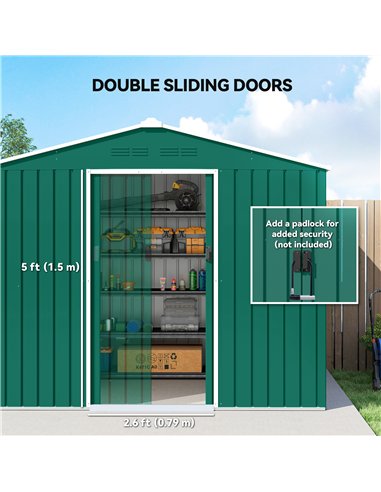 Outsunny 8 x 6ft Galvanised Steel Shed, with Double Door - Green