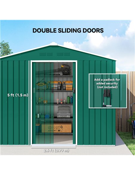 Outsunny 8 x 6ft Galvanised Steel Shed, with Double Door - Green - pic 181008 | FastDaddyshop