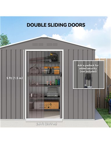 Outsunny 8 x 6ft Galvanised Steel Shed, with Double Door - Light Grey