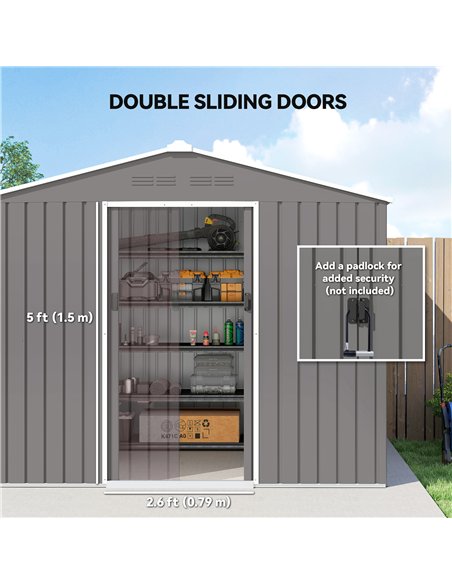 Outsunny 8 x 6ft Galvanised Steel Shed, with Double Door - Light Grey - pic 181017 | FastDaddyshop